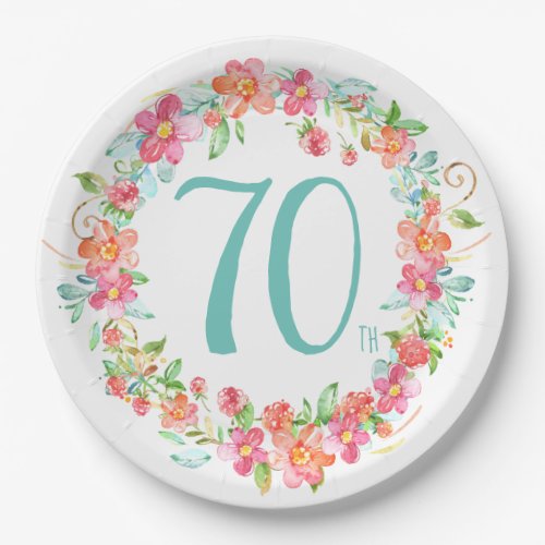 70th birthday pretty watercolor floral party paper plates