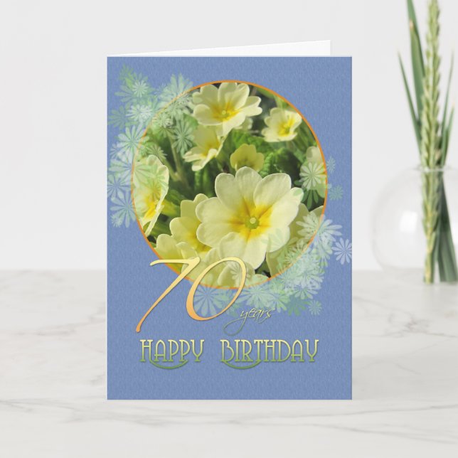 70th Birthday Primroses and blue Card (Front)