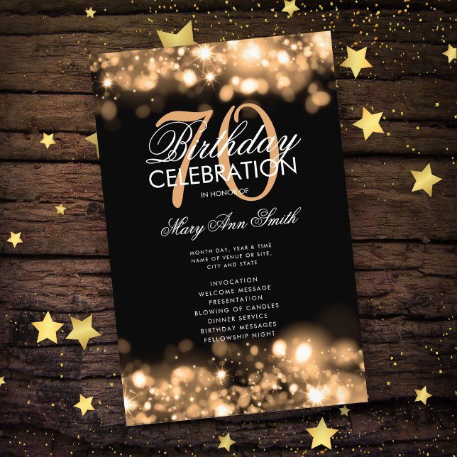 70th Birthday Program Glam Lights Gold Menu Flyer (Creator Uploaded)