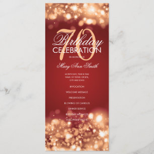 70th Birthday Program Glam Lights Gold Red Menu