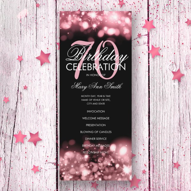 70th Birthday Program Glam Lights Rose Gold Menu (Creator Uploaded)