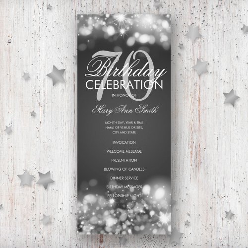 70th Birthday Program Glam Lights Silver Menu