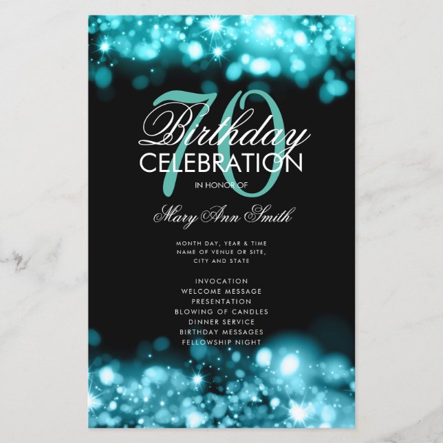 70th Birthday Program Glam Lights Teal Menu (Front)
