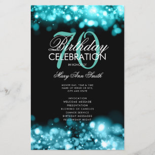 70th Birthday Program Glam Lights Teal Menu