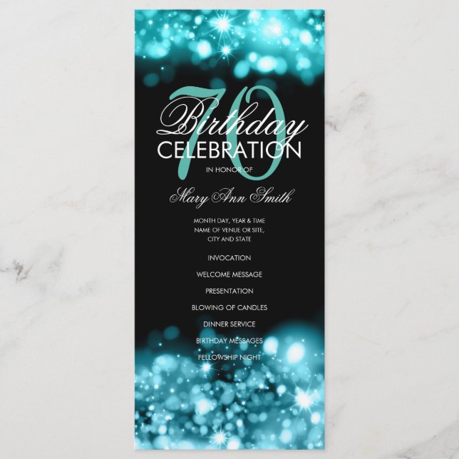 70th Birthday Program Glam Lights Teal Menu (Front)
