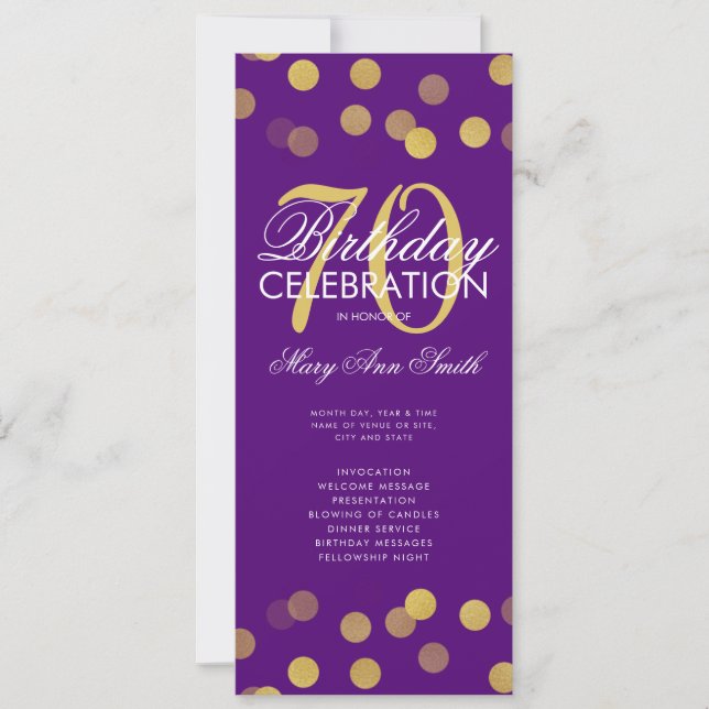 70th Birthday Program Gold Confetti w/ Menu Purple (Front)