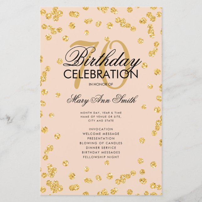 70th Birthday Program Gold Glitter Menu Blush (Front)