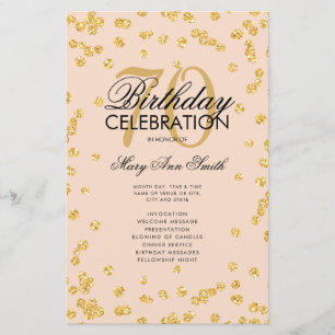 70th Birthday Program Gold Glitter Menu Blush