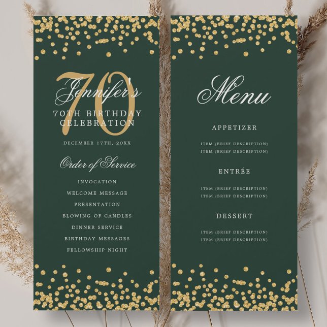 70th Birthday Program Gold Green Confetti Menu (70th Birthday Program Gold Green Confetti Menu)
