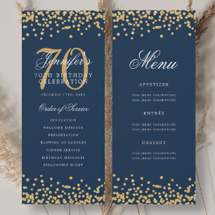70th Birthday Program Gold Navy Blue Confetti Menu