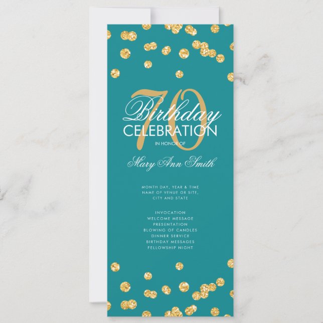 70th Birthday Program Gold Teal Glitter w/ Menu (Front)