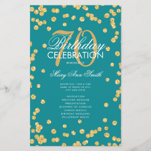 70th Birthday Program Gold Teal Glitter w/ Menu