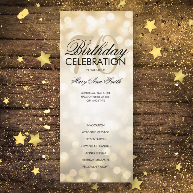 70th Birthday Program Lights Gold Menu (Creator Uploaded)