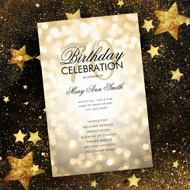 70th Birthday Program Lights Gold w/ Menu  Flyer (Creator Uploaded)