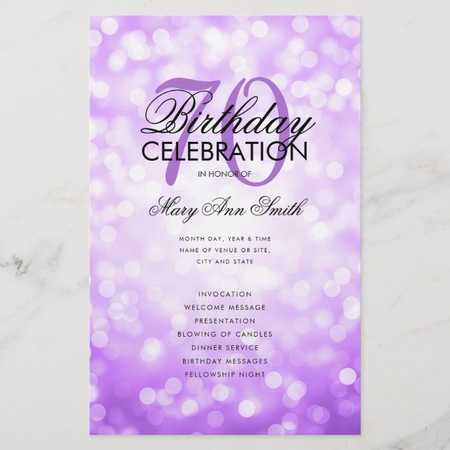 70th Birthday Program Lights Purple w/ Menu  Flyer (Front)