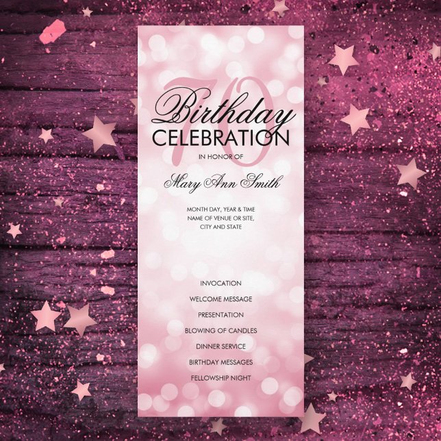 70th Birthday Program Lights Rose Gold Menu (Creator Uploaded)
