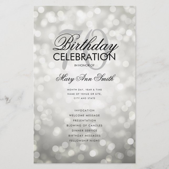 70th Birthday Program Lights Silver w/ Menu  Flyer (Front)