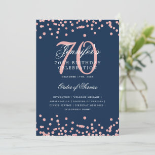 70th Birthday Program Menu Rose Gold Navy Blue 