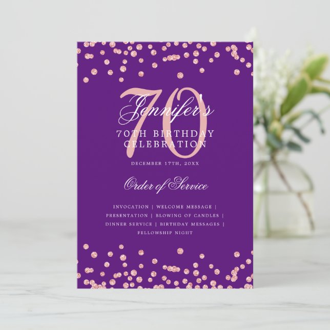 70th Birthday Program Menu Rose Gold Purple  (Standing Front)