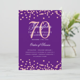 70th Birthday Program Menu Rose Gold Purple