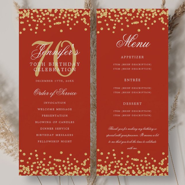 70th Birthday Program Menu Thank You Gold Red  (70th Birthday Program Menu Thank You Gold Red )