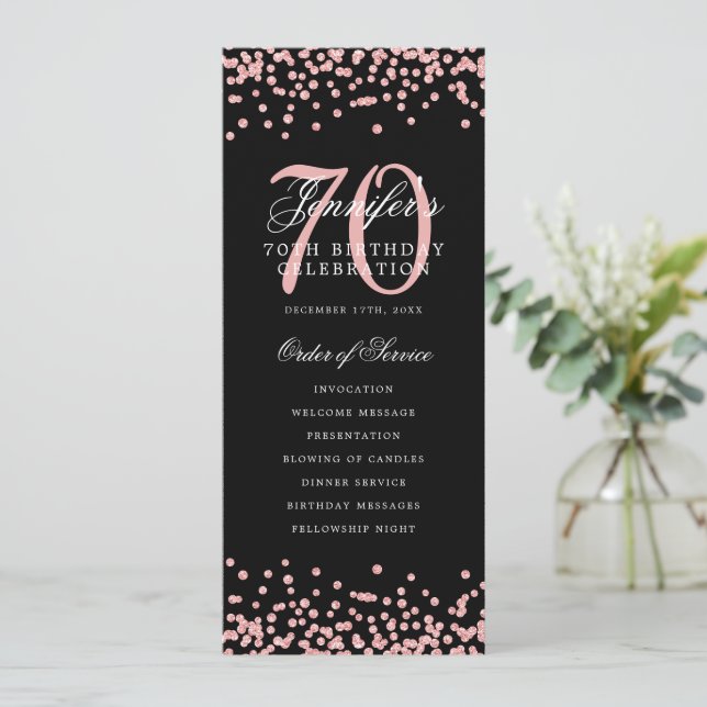 70th Birthday Program Rose Gold Confetti Black (Standing Front)
