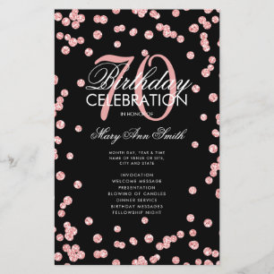 70th Birthday Program Rose Gold Glitter w/ Menu