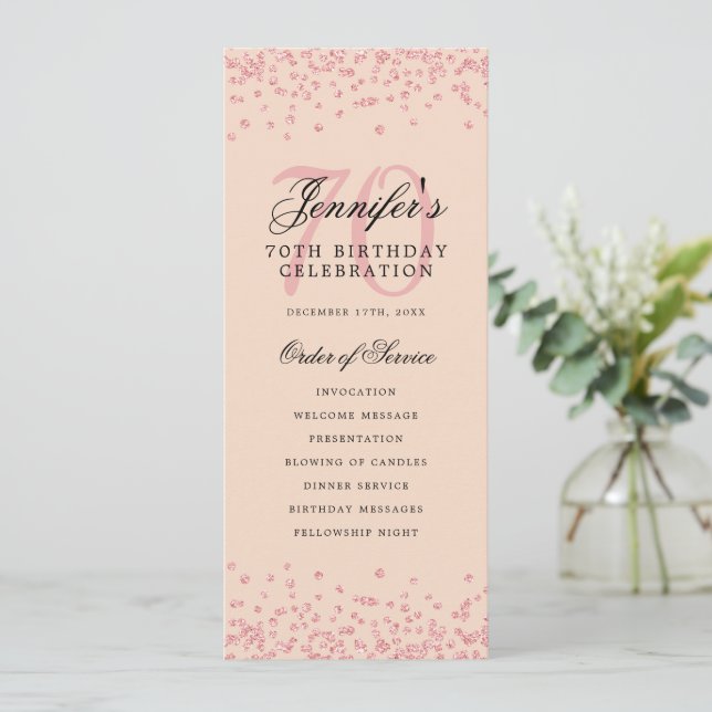 70th Birthday Program Rose Gold Menu Blush  (Standing Front)