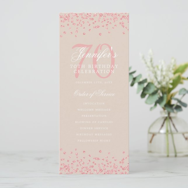 70th Birthday Program Rose Gold Menu Champagne  (Standing Front)