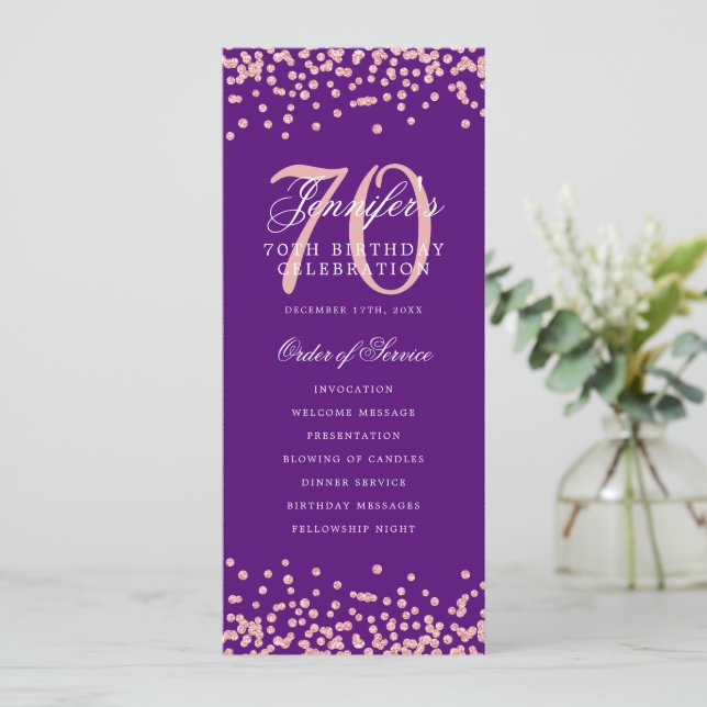 70th Birthday Program Rose Gold Menu Purple  (Standing Front)