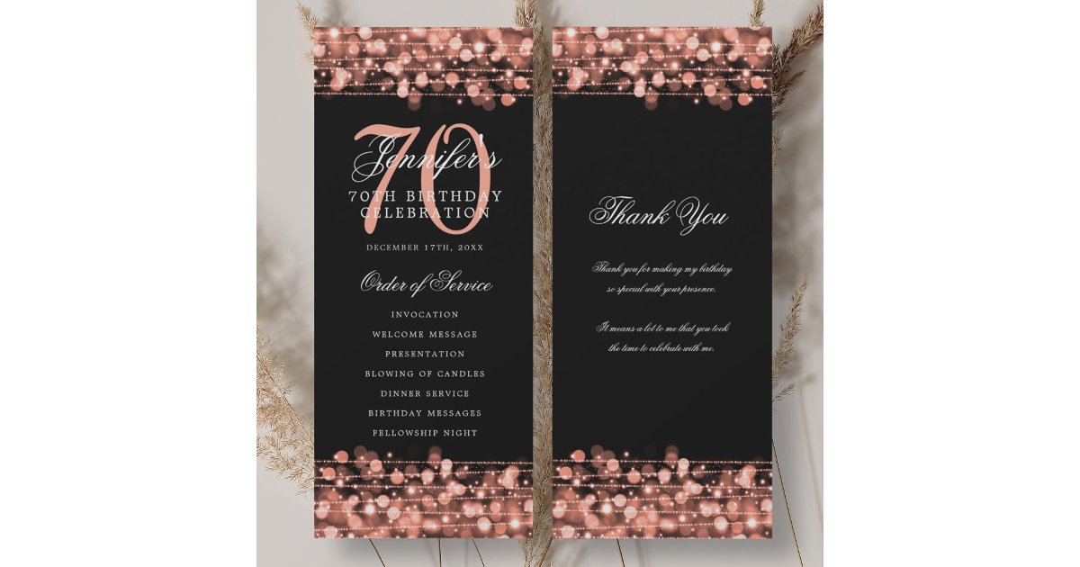 Rose Gold Program 70th Birthday Program Rose Gold w/ Thank You | Zazzle