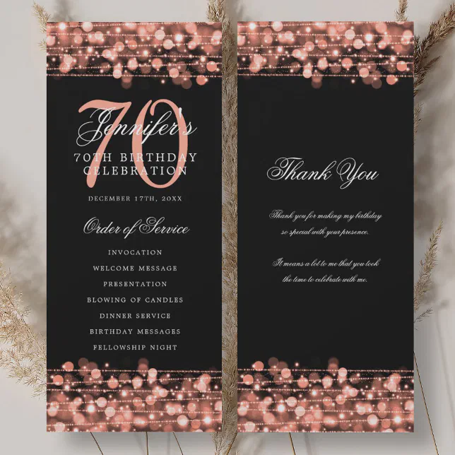 Rose Gold Program 70th Birthday Program Rose Gold w/ Thank You | Zazzle