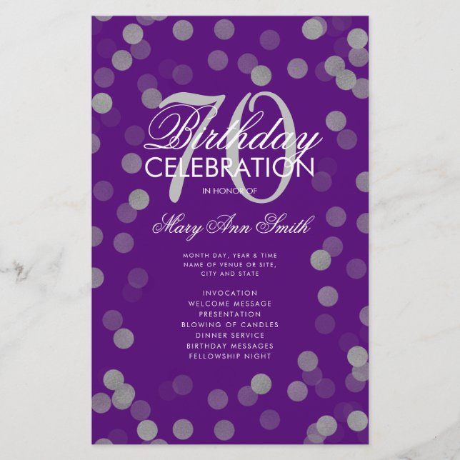 70th Birthday Program Silver Confetti Menu Purple  Flyer (Front)