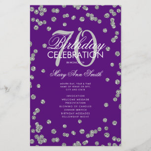 70th Birthday Program Silver Glitter Menu Purple Flyer