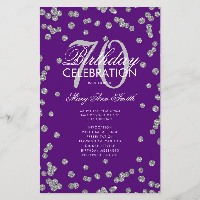 70th Birthday Program Silver Glitter Menu Purple  Flyer (Front)