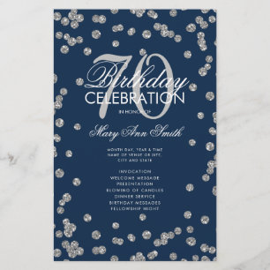 70th Birthday Program Silver Glitter w/ Menu Navy Flyer