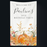 70th Birthday Pumpkin Wildflower Vertical Outdoor Banner<br><div class="desc">Fall pumpkins are nestled in delicate golden yellow and orange wildflowers to create an elegant aesthetic. All of the text is editable so you can easily craft your own special mood.</div>