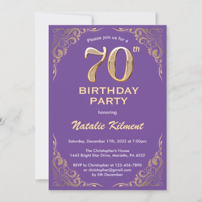 70th Birthday Purple and Gold Glitter Frame Invitation (Front)