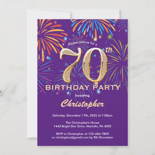 70th Birthday Purple and Gold Rainbow Fireworks Invitation