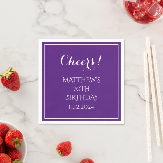 70th Birthday Purple Elegant Script Modern Cheers Napkins (Insitu)
