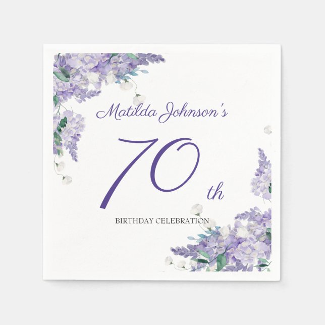 70th Birthday Purple Floral Elegant Custom Age Napkins (Front)