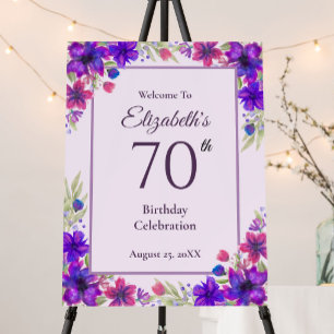 70th Birthday Purple Floral Welcome Sign