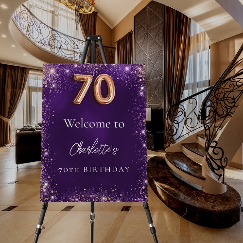 70th birthday purple glitter sparkles welcome foam board