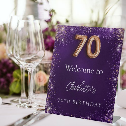 70th birthday purple glitter sparkles welcome pedestal sign