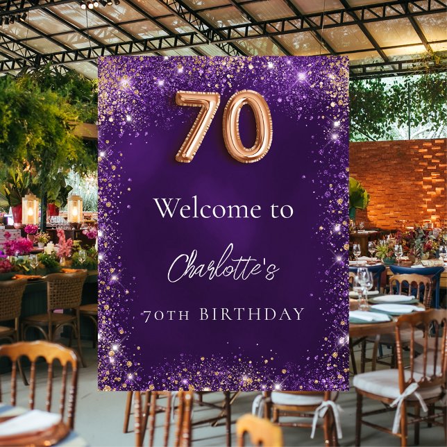 70th birthday purple glitter sparkles welcome poster (Creator Uploaded)