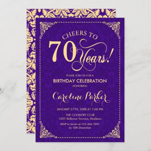 70th Birthday _ Purple Gold Damask Invitation