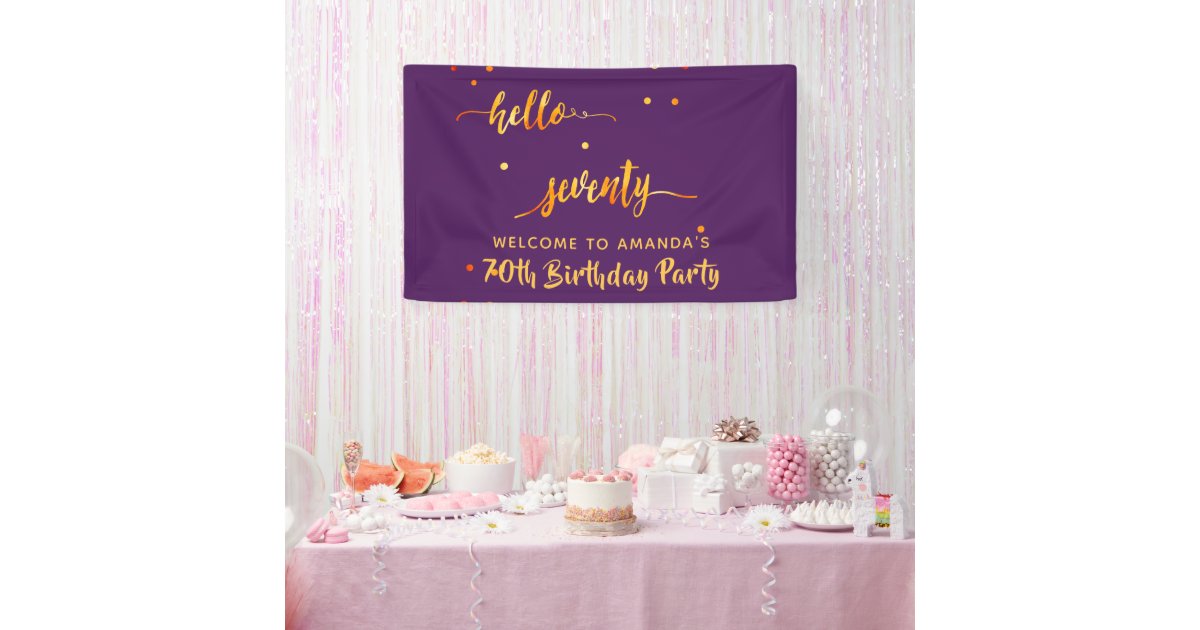 70th birthday purple gold hello 70 name script banner | Zazzle
