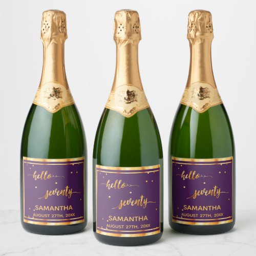 70th birthday purple gold hello 70 name script sparkling wine label