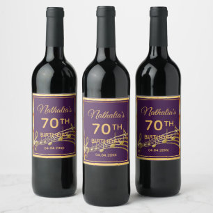 70th birthday purple gold music notes glamorous wine label