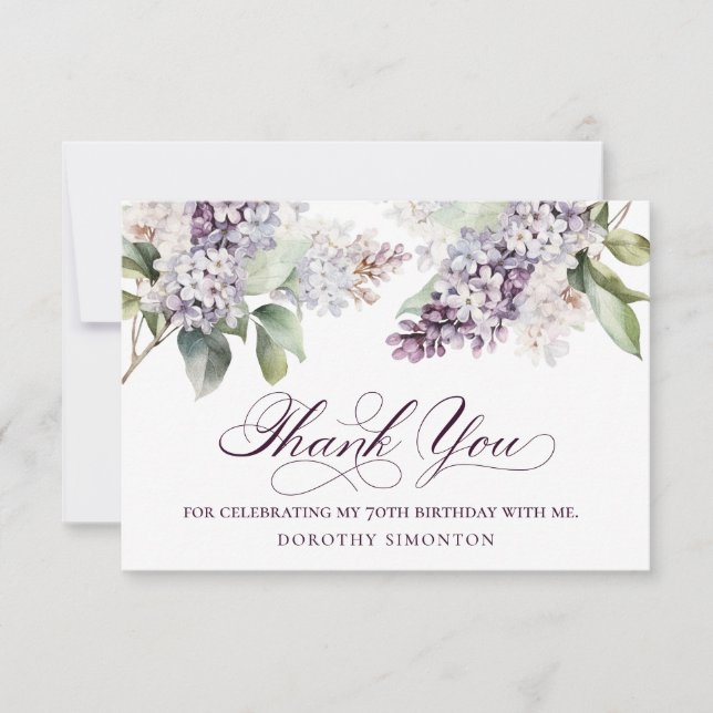 70th Birthday Purple Lilac Spring Flower Thank You Card (Front)